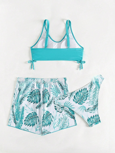 Conjunto de bikini tropical con estampado de patchwork y cuello redondo, para playa de verano