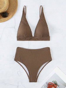 Conjunto de bikini con sostén sólido y Bottom de baño con cintura alta para verano en la playa