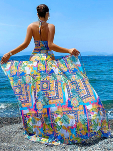 Traje de baño de una sola pieza con estampado completo de playa de verano para mujer con corpiño halter y espalda descubierta, con conjutno de falda anudada, 2 piezas