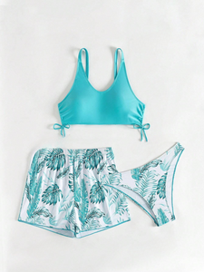 Conjunto de bikini tropical con estampado de patchwork y cuello redondo, para playa de verano