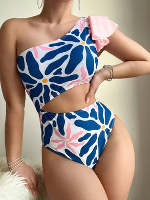 Traje De Baño De Un Solo Hombro con detalles floral
