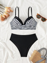 Cargar imagen en el visor de la galería, Set de 2 piezas de traje de baño tipo tankini con raya blanca y negra, acolchado y push-up