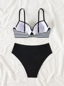 Set de 2 piezas de traje de baño tipo tankini con raya blanca y negra, acolchado y push-up