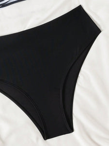 Set de 2 piezas de traje de baño tipo tankini con raya blanca y negra, acolchado y push-up