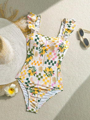 Traje de baño de una pieza con cuello cuadrado, volantes y estampado tropical