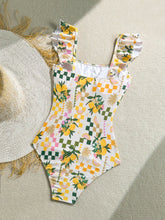 Cargar imagen en el visor de la galería, Traje de baño de una pieza con cuello cuadrado, volantes y estampado tropical
