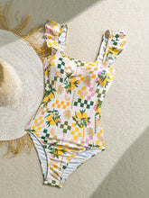 Cargar imagen en el visor de la galería, Traje de baño de una pieza con cuello cuadrado, volantes y estampado tropical
