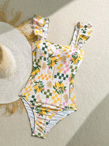 Traje de baño de una pieza con cuello cuadrado, volantes y estampado tropical