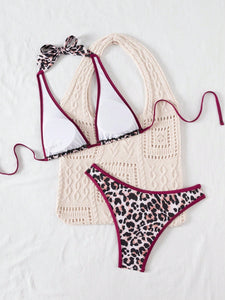 2 piezas Conjunto de Bikini estampado de leopardo con top triangular con tirantes y espalda descubierta