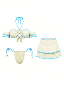 Set de 3 piezas con vestido de baño con manga y minifalda