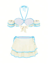 Cargar imagen en el visor de la galería, Set de 3 piezas con vestido de baño con manga y minifalda