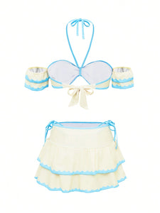 Set de 3 piezas con vestido de baño con manga y minifalda