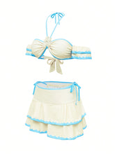 Cargar imagen en el visor de la galería, Set de 3 piezas con vestido de baño con manga y minifalda