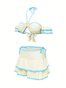 Set de 3 piezas con vestido de baño con manga y minifalda