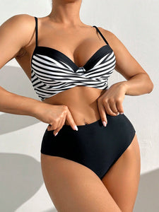 Set de 2 piezas de traje de baño tipo tankini con raya blanca y negra, acolchado y push-up