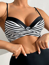 Cargar imagen en el visor de la galería, Set de 2 piezas de traje de baño tipo tankini con raya blanca y negra, acolchado y push-up