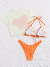 Cargar imagen en el visor de la galería, Traje de baño de 3 piezas con estampado floral tropical, cubrecuerpo de cuello redondo