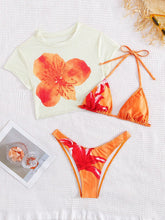 Cargar imagen en el visor de la galería, Traje de baño de 3 piezas con estampado floral tropical, cubrecuerpo de cuello redondo