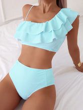 Cargar imagen en el visor de la galería, Conjunto de bikini para mujer con rayas y volantes para el verano, vacaciones y playa - Azul y blanco