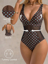 Cargar imagen en el visor de la galería, Traje de baño de una pieza elegante con control de abdomen y malla de contraste negro para vacaciones de verano 2026 - Multicolor