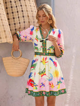Cargar imagen en el visor de la galería, Vestido corto casual y fresco para mujer con estampado floral, cuello en V, mangas farol, estilo europeo tropical, elegante boho, azul floral, para vacaciones y otoño - Multicolor