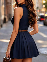 Cargar imagen en el visor de la galería, Vestido mini ajustado de línea A con cuello halter, cuello de camisa y botones delanteros en azul real para mujer, adecuado para oficina y citas (sin cinturón)
