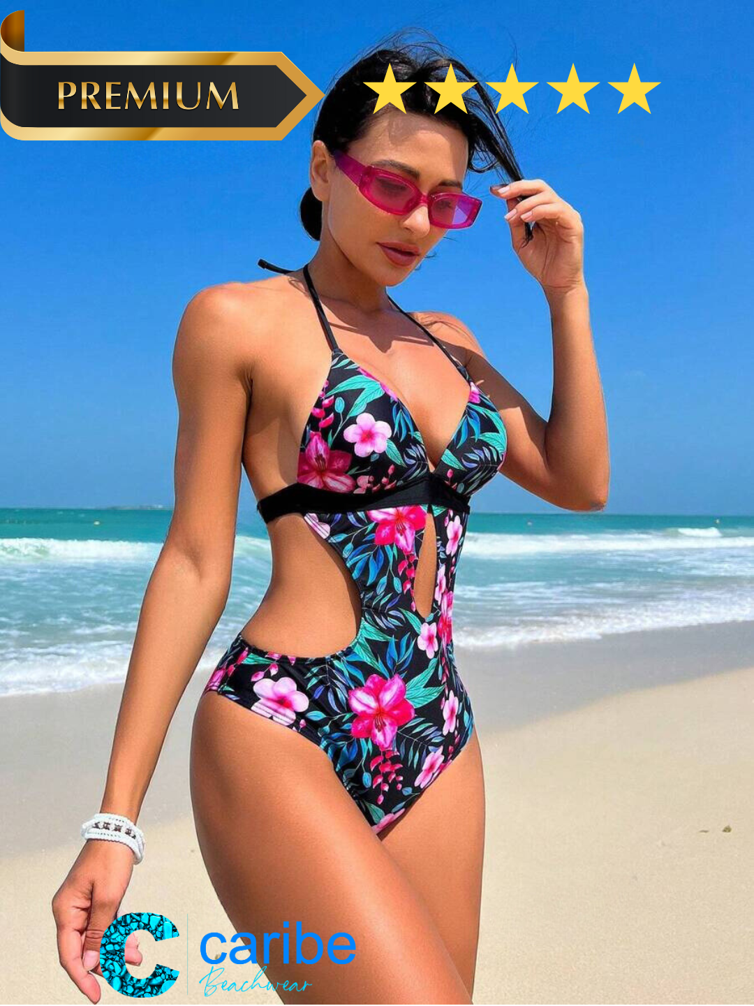 Bañador una pieza tropical & con estampado floral con abertura halter