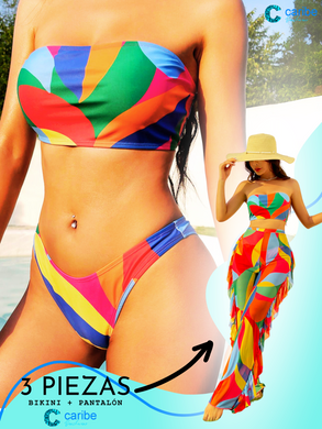 Conjunto de bikini con estampado colorido Sujetador bandeau y parte inferior de bikini y pantalones de playa con ribete de volantes Traje de baño de 3 piezas