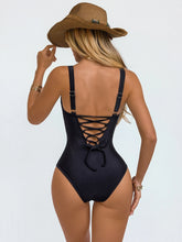 Cargar imagen en el visor de la galería, Traje de baño de una pieza elegante con control de abdomen y malla de contraste negro para vacaciones de verano 2026