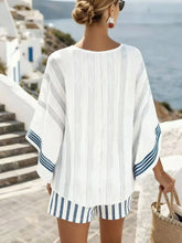 Cargar imagen en el visor de la galería, Conjunto de 2 piezas de verano con estampado de lino a rayas azul y blanco para mujer, top de manga de murciélago holgado y shorts, conjunto casual estilizante