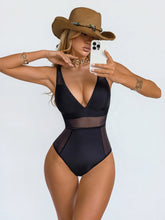 Cargar imagen en el visor de la galería, Traje de baño de una pieza elegante con control de abdomen y malla de contraste negro para vacaciones de verano 2026