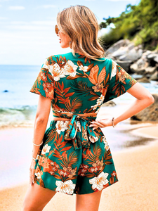 Conjunto De Top Corto Y Pantalones Cortos Impresos Con Flores Y Botánica Para Mujer Para Vacaciones En La Playa