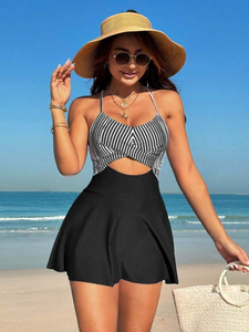 Vestido de playa a rayas para mujer con escote hueco y tirantes cruzados