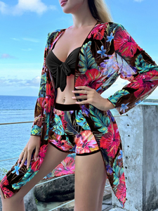 3 Piezas Conjunto de bikini con estampado tropical y kimono, playa de verano