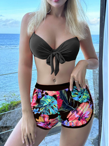 3 Piezas Conjunto de bikini con estampado tropical y kimono, playa de verano