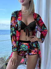 Cargar imagen en el visor de la galería, 3 Piezas Conjunto de bikini con estampado tropical y kimono, playa de verano