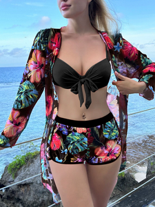 3 Piezas Conjunto de bikini con estampado tropical y kimono, playa de verano