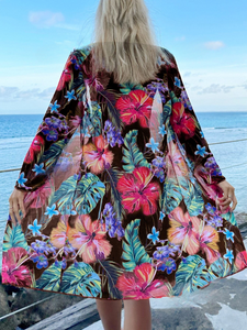 3 Piezas Conjunto de bikini con estampado tropical y kimono, playa de verano