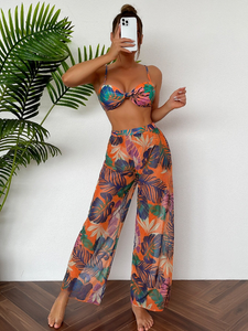 Conjunto de bikini estampado tropical de 3 piezas para playa de verano con cubierta