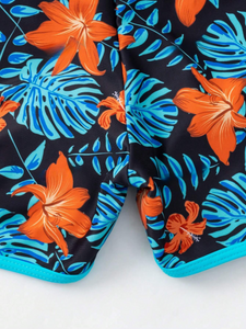 Conjunto De Traje De Baño Bikini Estilo Chaleco Con Ribete De Bloques De Color Y Estampado Tropical