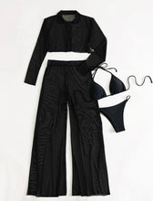 Cargar imagen en el visor de la galería, Traje de baño de 4 piezas, incluye bikini de escote con sostén triangular y tanga, camisa transparente y pantalones