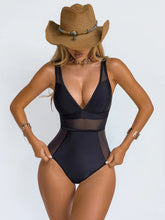 Cargar imagen en el visor de la galería, Traje de baño de una pieza elegante con control de abdomen y malla de contraste negro para vacaciones de verano 2026