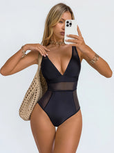 Cargar imagen en el visor de la galería, Traje de baño de una pieza elegante con control de abdomen y malla de contraste negro para vacaciones de verano 2026