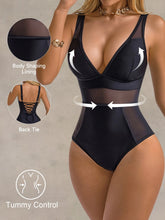 Cargar imagen en el visor de la galería, Traje de baño de una pieza elegante con control de abdomen y malla de contraste negro para vacaciones de verano 2026