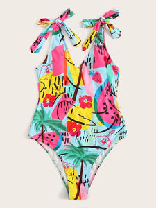 Ba&ntilde;ador una pieza de hombro con cord&oacute;n con estampado de dibujo al azar    Caribe Beachwear