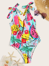 Cargar imagen en el visor de la galería, Ba&ntilde;ador una pieza de hombro con cord&oacute;n con estampado de dibujo al azar  XL  Caribe Beachwear