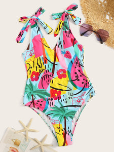 Ba&ntilde;ador una pieza de hombro con cord&oacute;n con estampado de dibujo al azar  XL  Caribe Beachwear