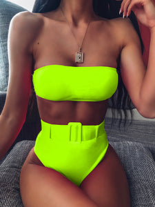👙Bikini de cintura alta con cintur&oacute;n bandeau de color ne&oacute;n  L / Verde Lima  Caribe Beachwear