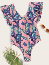 Cargar imagen en el visor de la galería, Ba&ntilde;ador una pieza ribete fruncido con estampado de palma    Caribe Beachwear