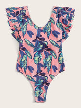 Cargar imagen en el visor de la galería, Ba&ntilde;ador una pieza ribete fruncido con estampado de palma    Caribe Beachwear